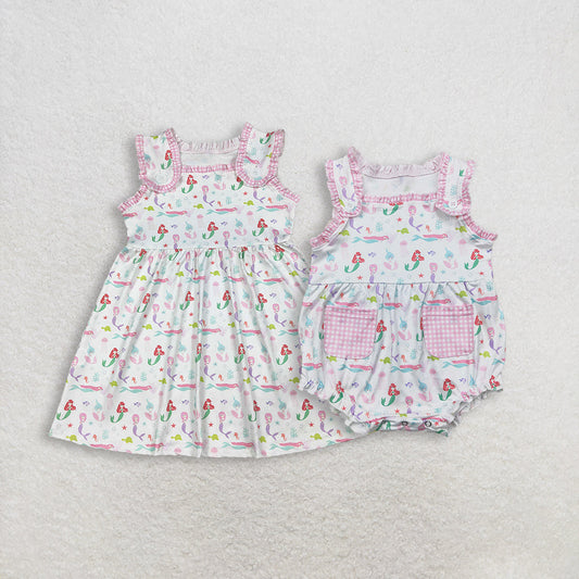 RTS Sibling Baby Girls Kids Sleeveless Mermaid Ruffle Romper Dress Summer Clothes