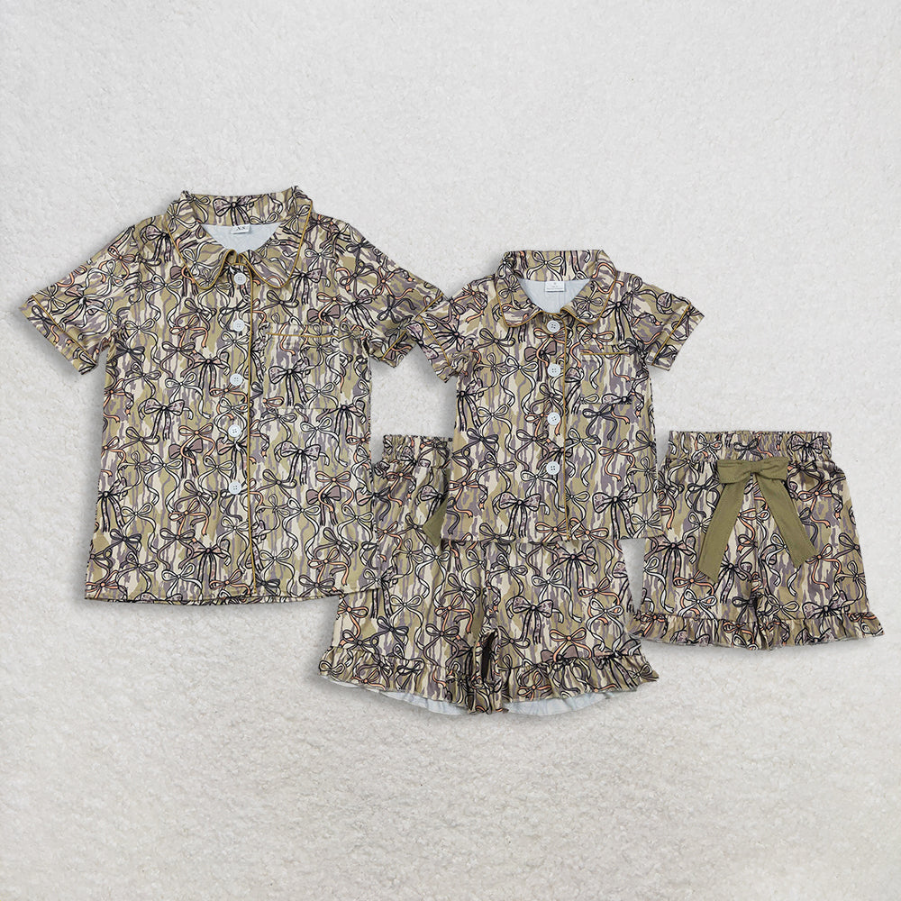 RTS Sibling Baby Girls Adult Women Short Sleeves Camo Bows Buttons Shirts Shorts Pajamas Sets
