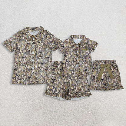 RTS Sibling Baby Girls Adult Women Short Sleeves Camo Bows Buttons Shirts Shorts Pajamas Sets