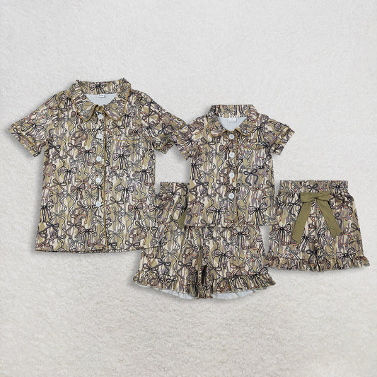 RTS Sibling Baby Girls Adult Women Short Sleeves Camo Bows Buttons Shirts Shorts Pajamas Sets