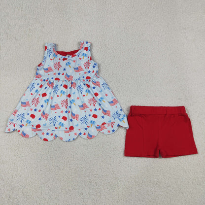 Baby Girls Kids Sleeveless Popsicle Flags Tops Red Shorts 4th of July Set
