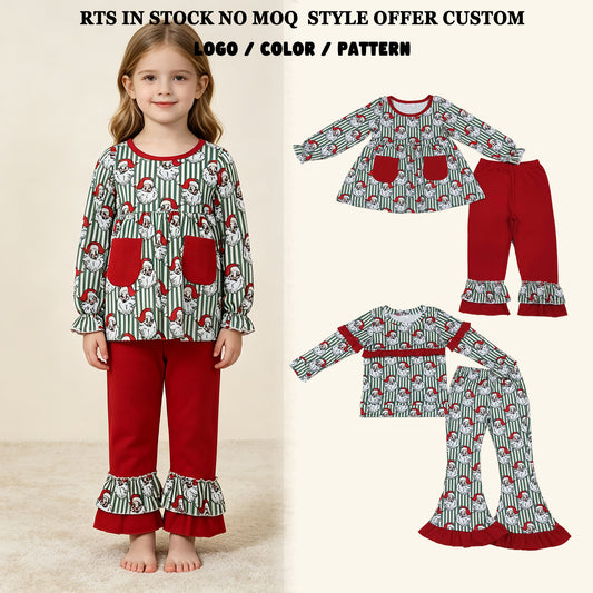 Sibling Baby Girls Kids Long Sleeves Christmas Santa Stripes Tops Pants Sets Clothes