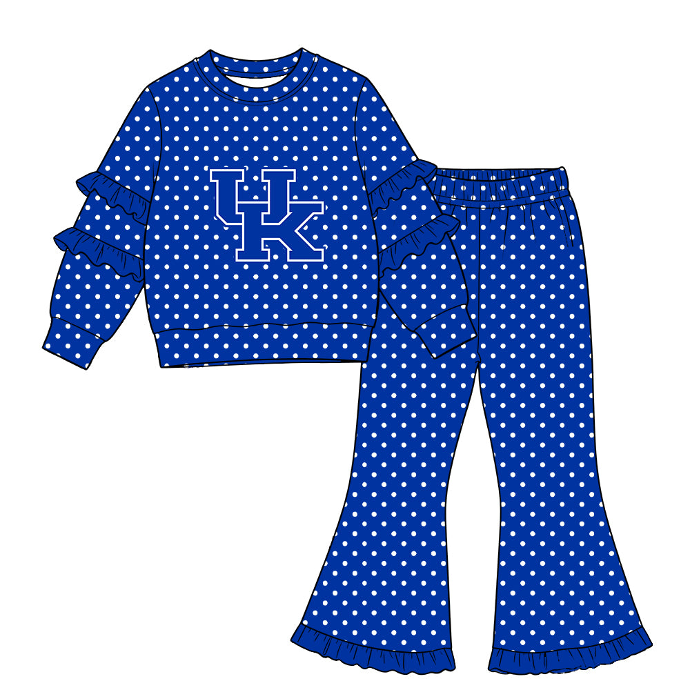 Moq 5 Custom Baby Girls Kids Ruffle Long Sleeves Blue Shirt Dots Pants Team Set Clothes