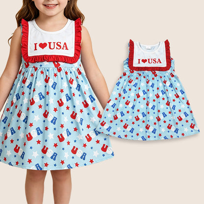 Baby Girls Kids Sleeveless I Love USA 4th of July Ruffle Knee Length Dress