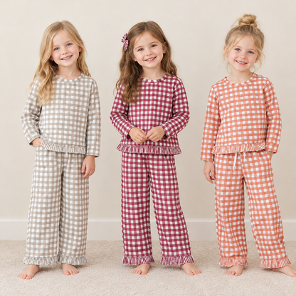 Sibling Baby Girls Kids Long Sleeves Plaid Shirts Pockets Pants Sets Clothes