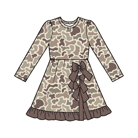 Moq 5 Custom Baby Girls Kids Long Sleeves Bows Knee Length Yoga Dress Camo Clothes