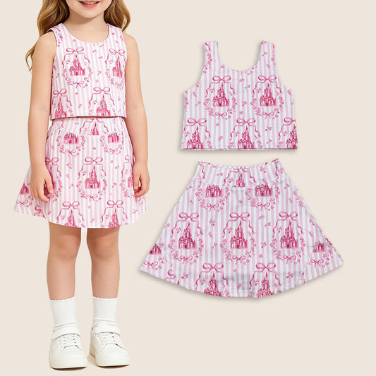 Baby Girls Kids Castles Bows Floral Tops Pink Skirt Shorts Yoga Summer Set