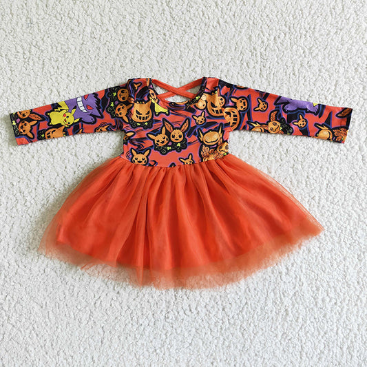 Promotion Baby Girls Kids Long Sleeves Halloween Orange Tulle Dress