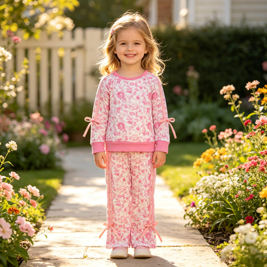 Baby Girls Kids Long Sleeves Flower Pink Bows Shirt Pockets Pants Set Clothes