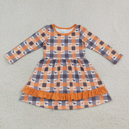 Baby Girls Kids Long Sleeves Bats Plaid Halloween Knee Length Dress