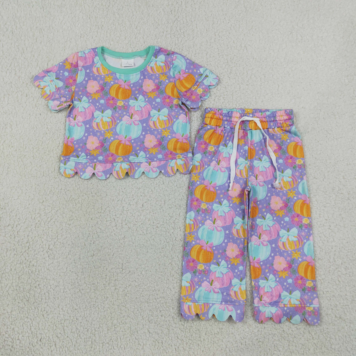 Baby Girls Kids Pumpkins Flower Bows Tops Pants Scallop Fall Set Purple Clothes