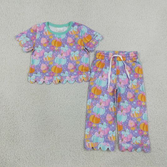 Baby Girls Kids Pumpkins Flower Bows Tops Pants Scallop Fall Set Purple Clothes