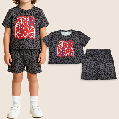 Baby Girls Kids Short Sleeves Black Leopard Tops Shorts 4th Of July Set