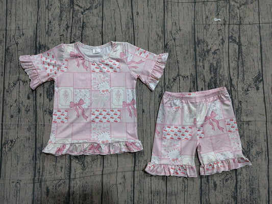 Preorder Baby Girls Kids Short Sleeves Bows Plaid Shirt Shorts Summer Clothes Set