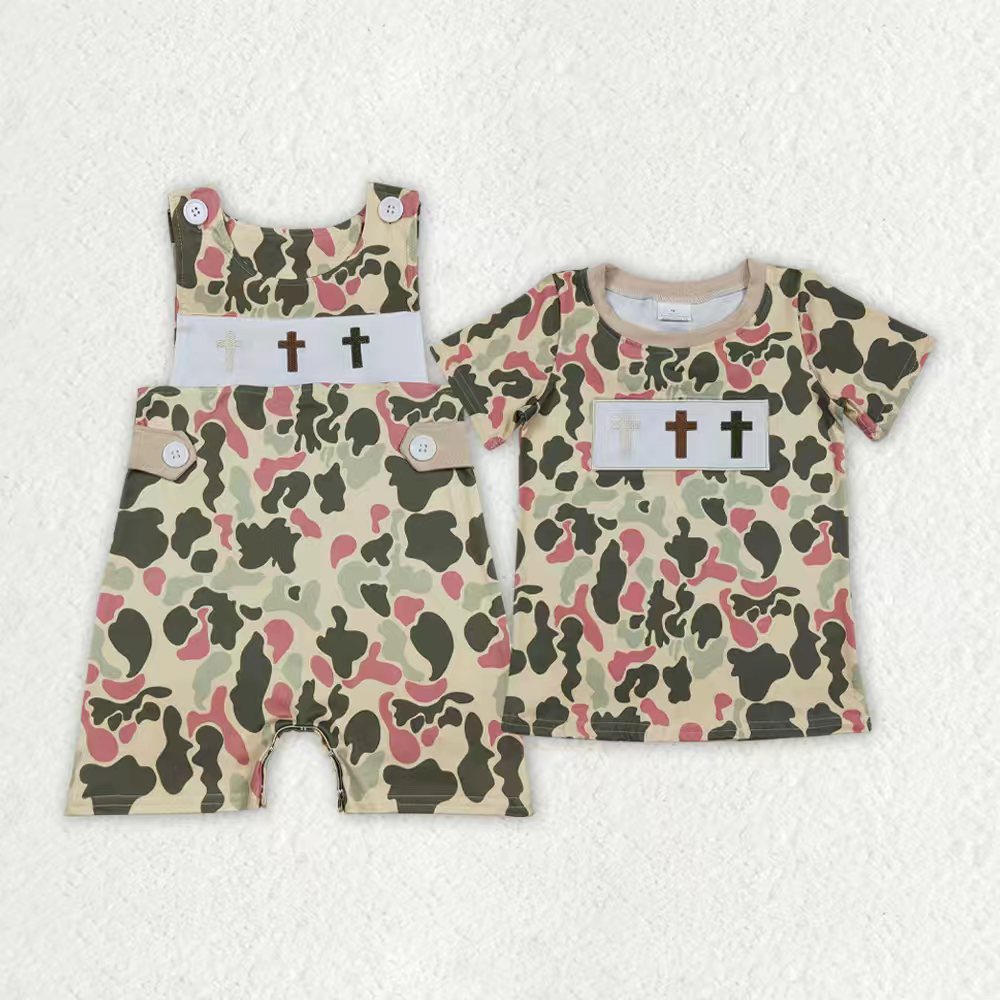 Sibling Baby Boys Kids Embroidery Crosses Easter Camo Romper Shirt Tops