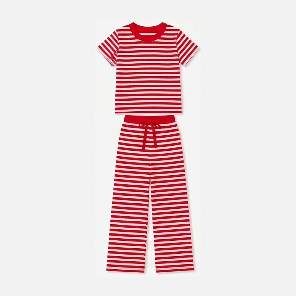 Moq 5 Preorder Baby Girls Kids Short Sleeves Red Stripes Shirt Pants Pajamas Set Clothes