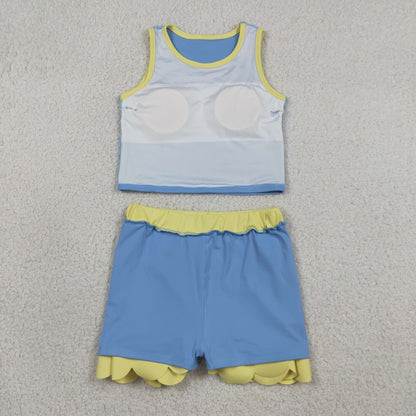 Baby Girls Kids Shirt Scallop Skirt Shorts Yoga Active Blue Yellow Set Clothes