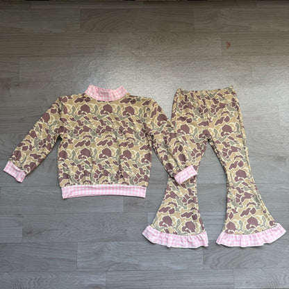 No moq Preorder Baby Girls Kids Long Sleeves Plaid Pullover Camo Bell Pants Set Clothes