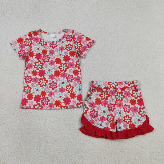 Baby Girls Kids Short Sleeves Flower Shirt Ruffle Shorts Clothes Summer Set
