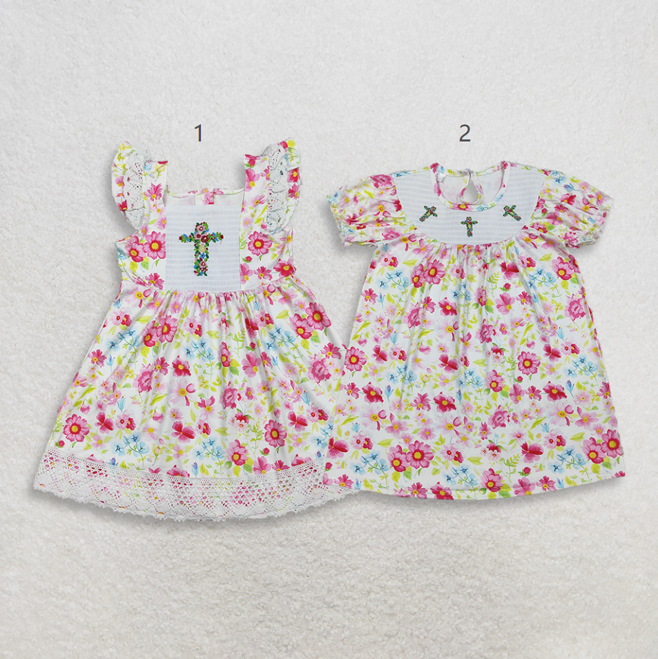 RTS Sibling Baby Girls Kids Short Sleeves Embroidery Crosses Flower Easter Knee Length Dresses