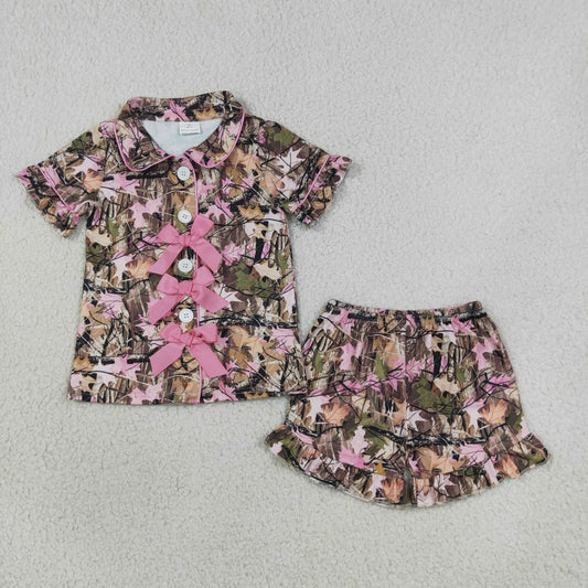 Baby Girls Kids Pink Bows Buttons Shirt Leaves Ruffle Shorts Hunting Pajamas Set
