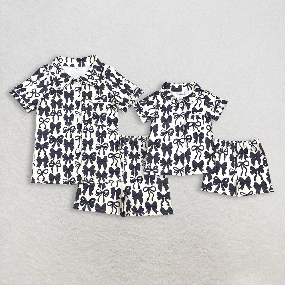 Sibling Baby Girls Adult Women Black Bows Buttons Shirt Shorts Mommy and Me Pajamas Sets