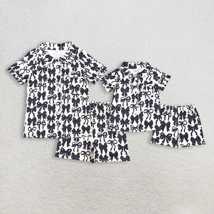 Sibling Baby Girls Adult Women Black Bows Buttons Shirt Shorts Mommy and Me Pajamas Sets