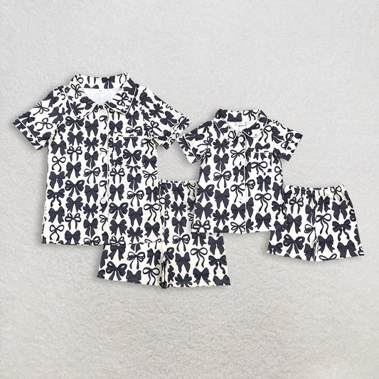 Sibling Baby Girls Adult Women Black Bows Buttons Shirt Shorts Mommy and Me Pajamas Sets
