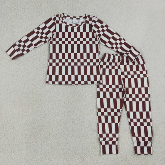 Baby Boys Kids Long Sleeves Brown White Plaid Shirt Pants Set Pajamas Clothes