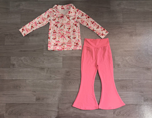 No moq Preorder Baby Girls Kids Christmas Santa Bows Zipper Pockets Tops Pink Pants Set Clothes