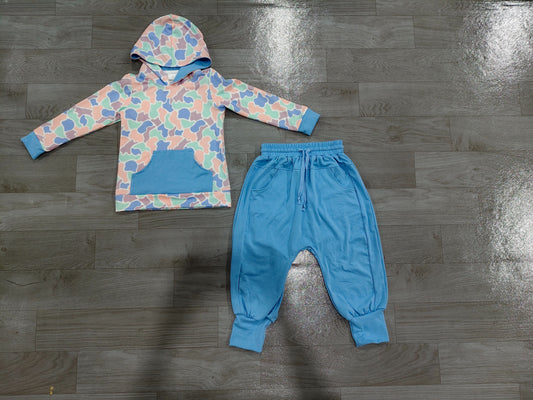 No moq Preorder Baby Boys Kids Camo Hoodie Pullover Pockets Blue Pants Set Clothes