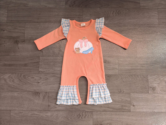 No moq Preorder Baby Girls Infant Pumpkin Bow Plaid Thanksgiving Romper Clothes