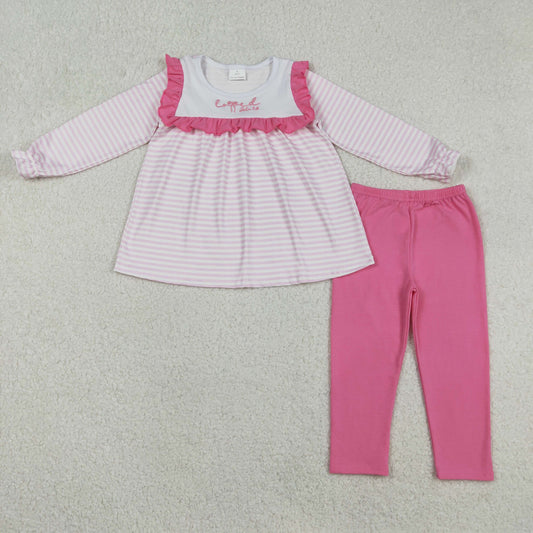 Baby Girls Kids Long Sleeves Embroidery Bows Stripes Tunic Pink Pants Valentine's Day Set