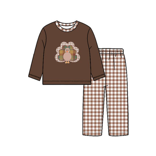 Moq 5 Preorder Baby Boy Kids turkey Shirt Plaid Pants Thanksgiving Fall Set Clothes