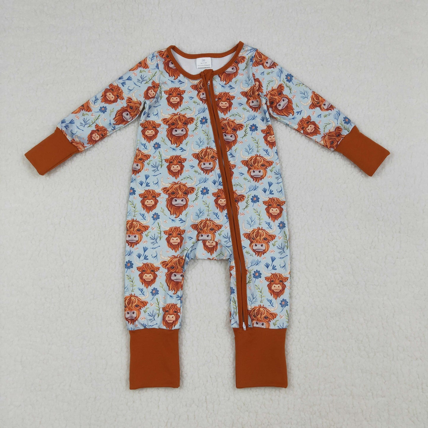 RTS Baby Girls Infant Long Sleeves Western Cows Flower Zipper Romper Clothes