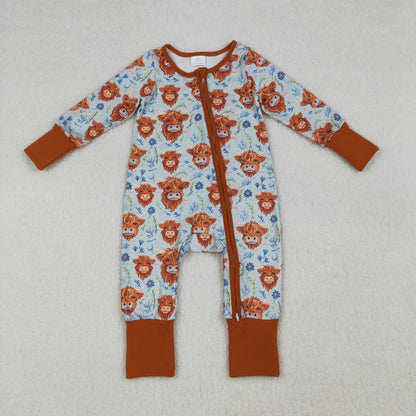 RTS Baby Girls Infant Long Sleeves Western Cows Flower Zipper Romper Clothes
