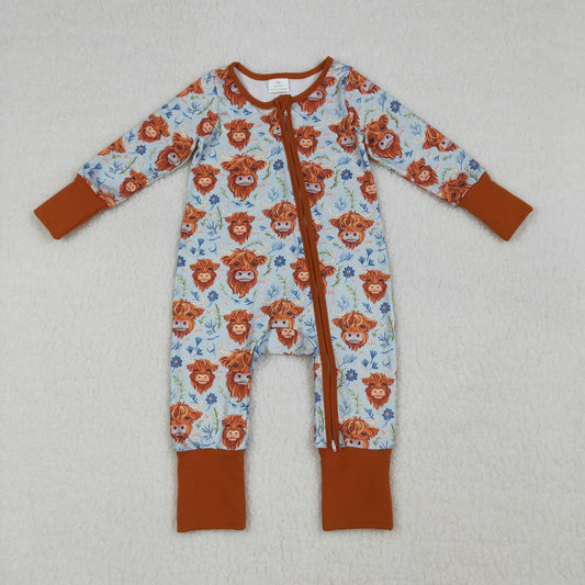 RTS Baby Girls Infant Long Sleeves Western Cows Flower Zipper Romper Clothes
