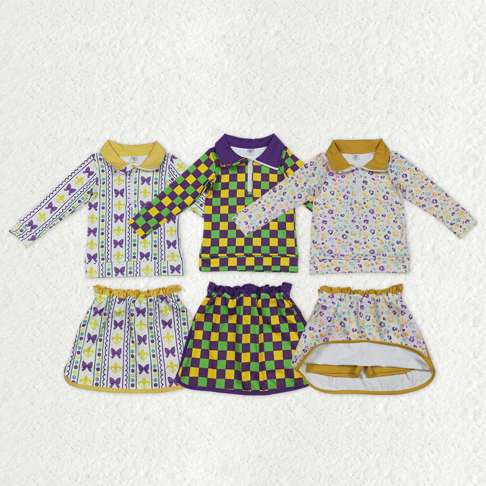 Sibling Baby Girls Kids Anchors Bows Plaid Leopard Zipper Tops Shorts Skirt Skort Mardi Gras Yoga Set