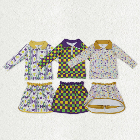 Sibling Baby Girls Kids Anchors Bows Plaid Leopard Zipper Tops Shorts Skirt Skort Mardi Gras Yoga Set