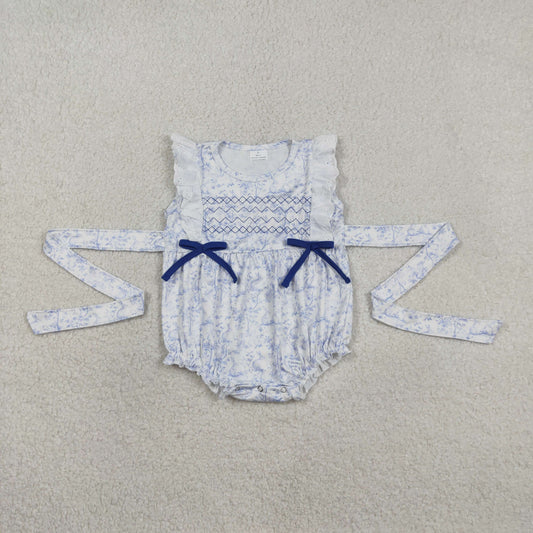 RTS Baby Girls Infant Embroidery Bows Easter Rabbits Knee Bubble Romper