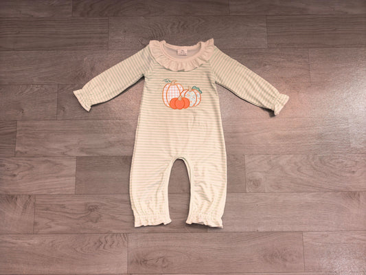 No moq Preorder Baby Girl Kids Embroidery Pumpkins Green Stripes Fall Romper Clothes