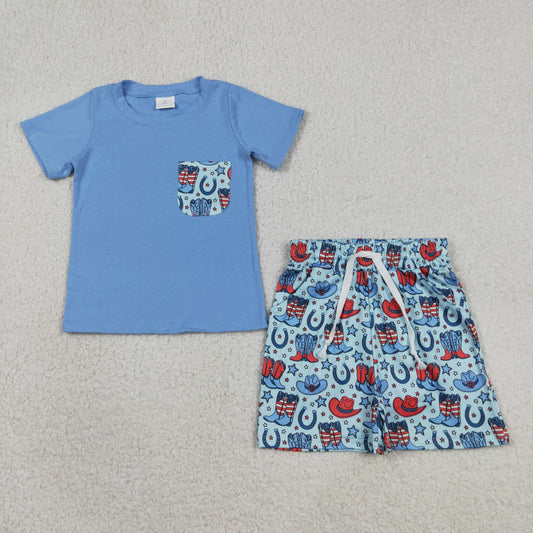 Baby Boys Short Sleeves Blue Shirt Hats Boots Stars Pockets Shorts 4th of July Western Set