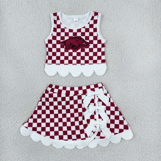 Baby Girls Kids Pig Checked Shirt Scallop Bows Skirt Shorts Team Set Yoga Active Clothes