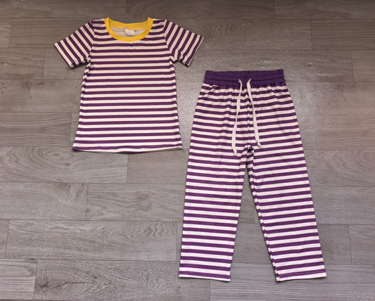 No moq Preorder Baby Girls Kids Short Sleeves Purple Stripes Shirt Pants Pajamas Set Clothes