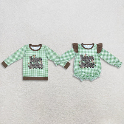 Sibling Baby Kids Toddler Long Sleeves Baby Girl Jesus Green Plaid Bubble Romper Shirt Christmas Clothes