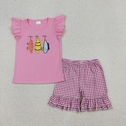 Baby Girls Short Sleeves Embroidery Fishing Shirt Plaid Ruffle Shorts Clothes Set
