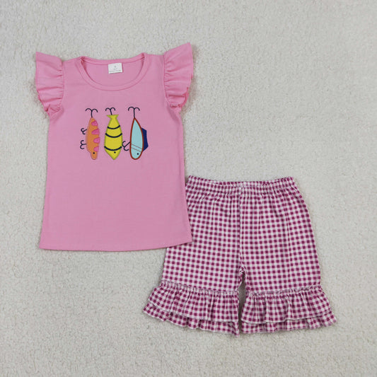 Baby Girls Short Sleeves Embroidery Fishing Shirt Plaid Ruffle Shorts Clothes Set