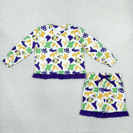 Baby Girls Kids Long Sleeves Donuts Camo Shirt Pockets Shorts Set Mardi Gras Clothes