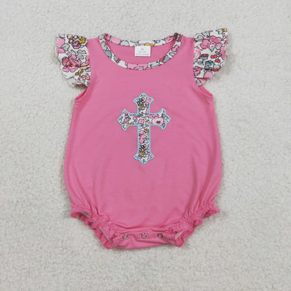 RTS Baby Girls Short Sleeves Embroidery Cross Tops Flower Ruffle Shorts Easter Clothes Set