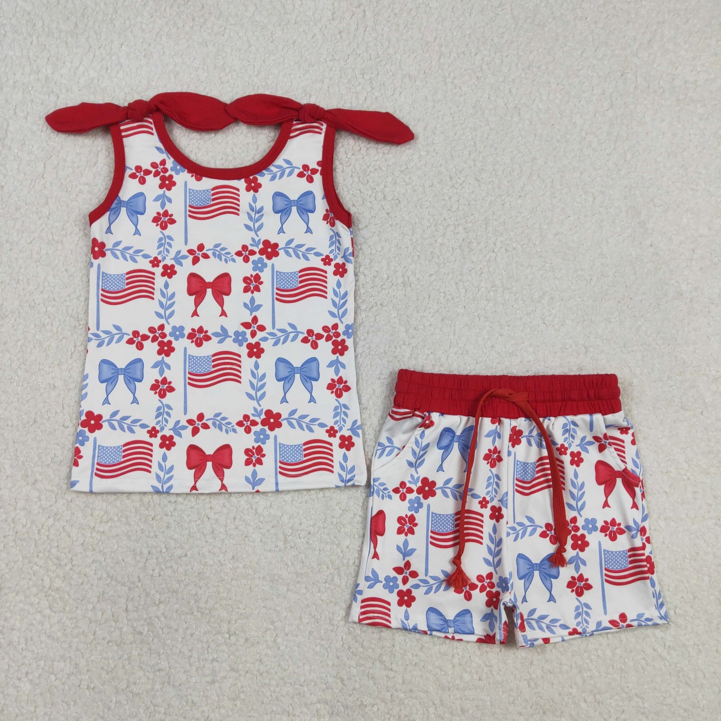 RTS Baby Girls Kids Flags Bows Flowers Tops Pockets Shorts 4th of July Clothes Set